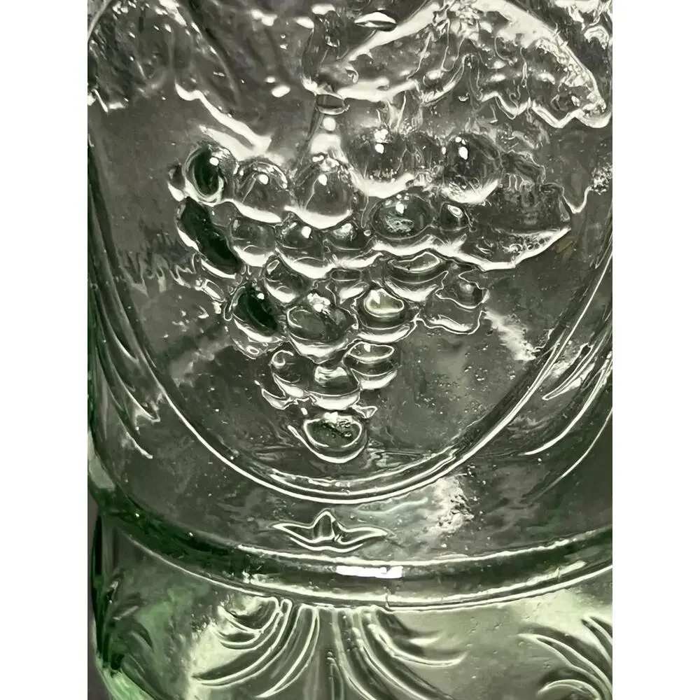 Williams Sonoma Spain 1990s Embossed Green Glass Bottle Grapevine Motif, 11.5”